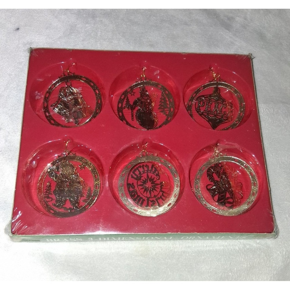Vintage Brass 3-Dimensional Christmas Ornaments Set of 6 Sealed NOS Holiday